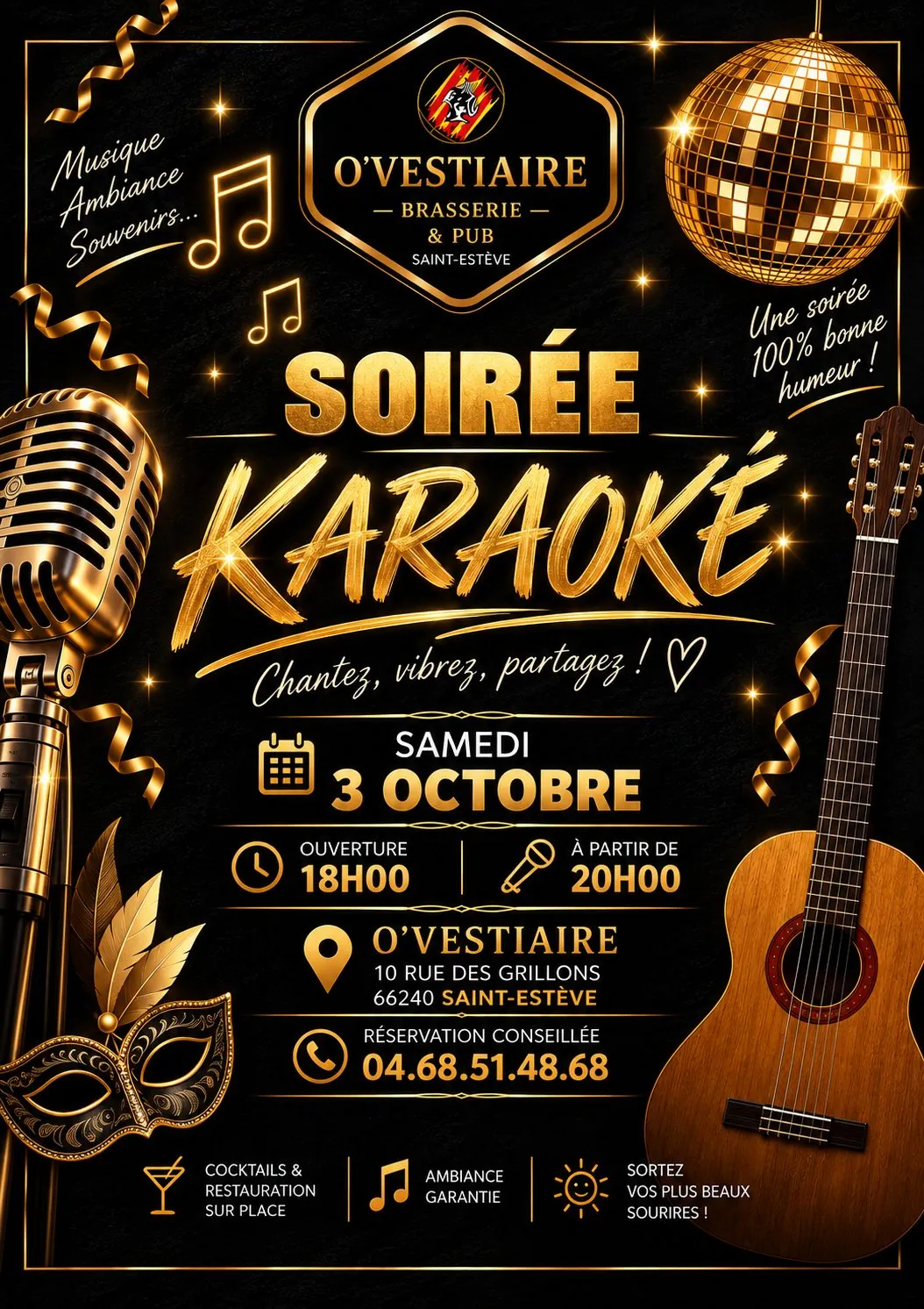 Affiche du karaoké d’O’Vestiaire, chaque premier samedi du mois : chantez, vibrez, partagez