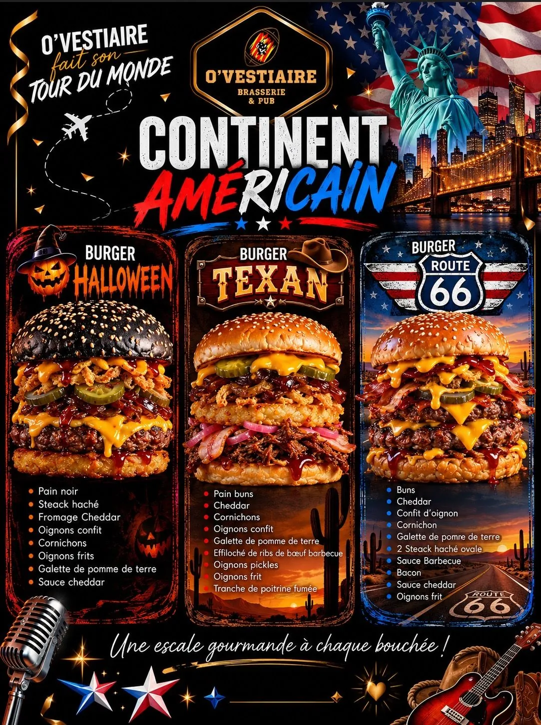 Affiche « O’Vestiaire fait son tour du monde : continent américain », burgers Halloween, Texan et Route 66