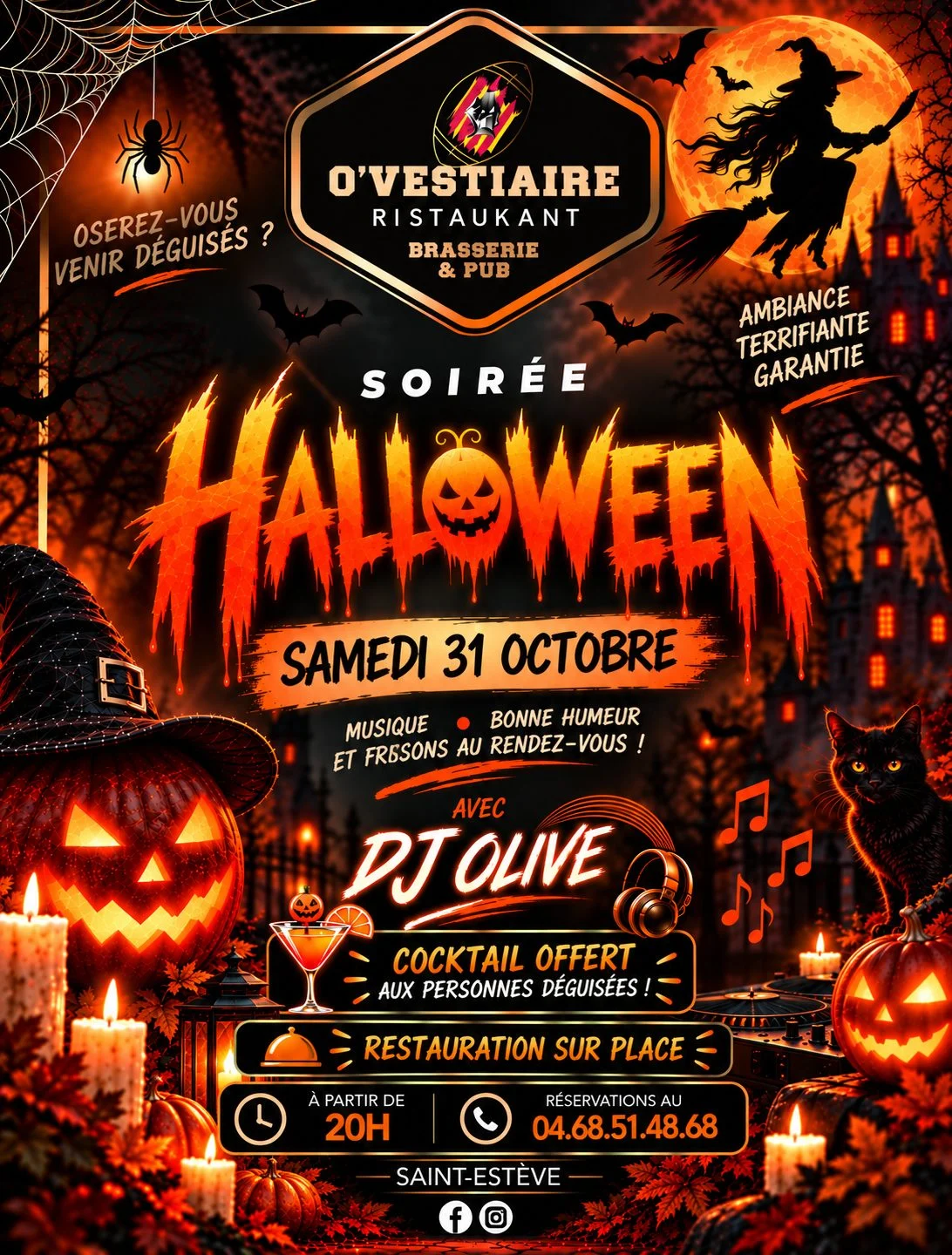 Affiche de la soirée Halloween avec DJ Olive, samedi 31 octobre