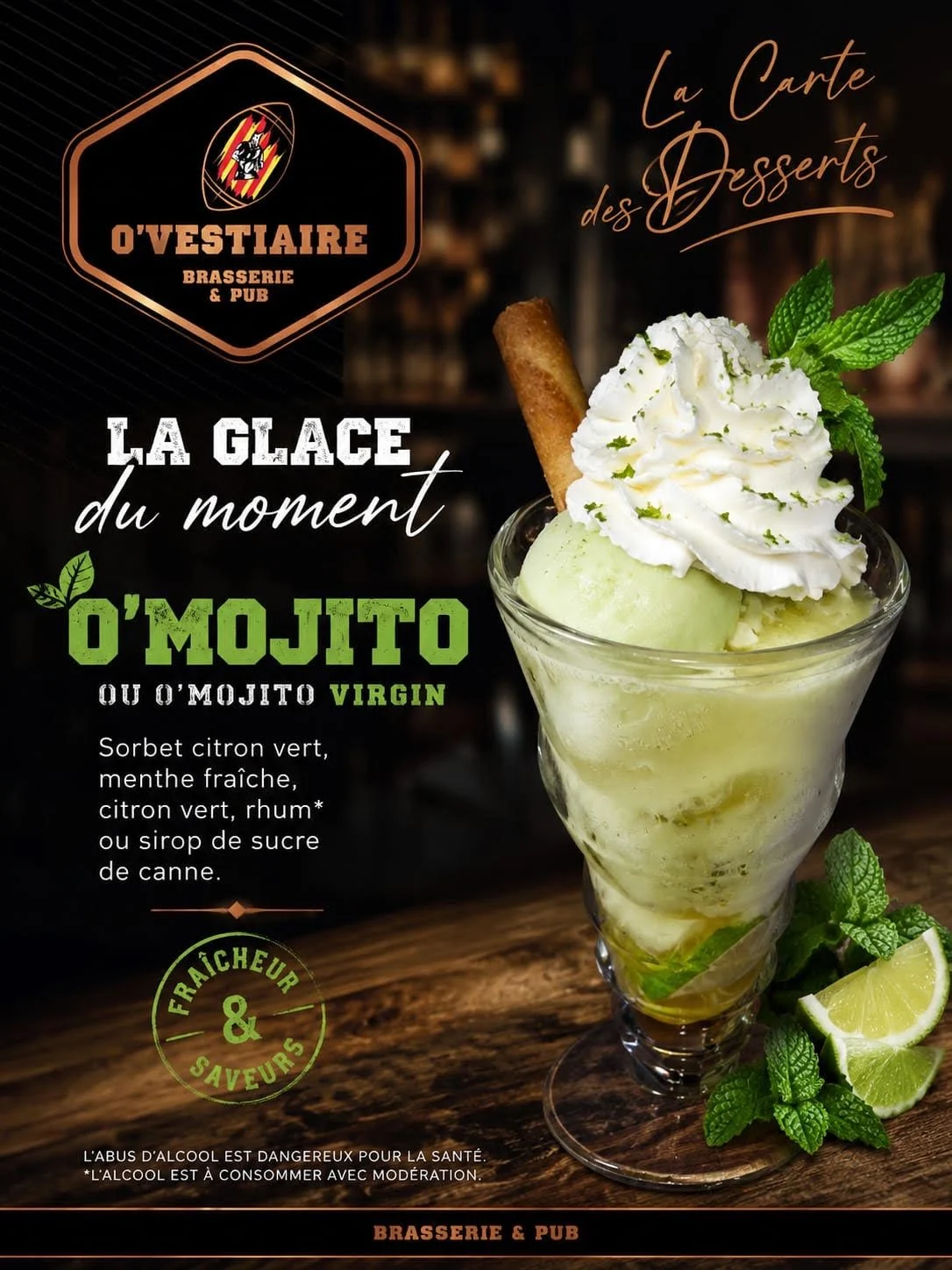Affiche « La glace du moment : O’Mojito », sorbet citron vert, menthe fraîche