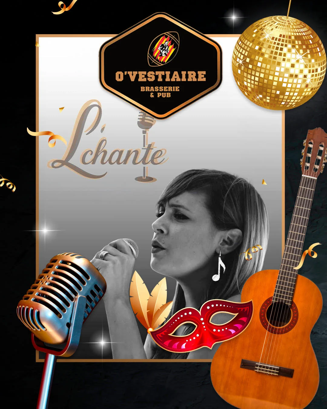 Affiche du concert de L’Chante à O’Vestiaire : la chanteuse au micro, guitare et boule à facettes