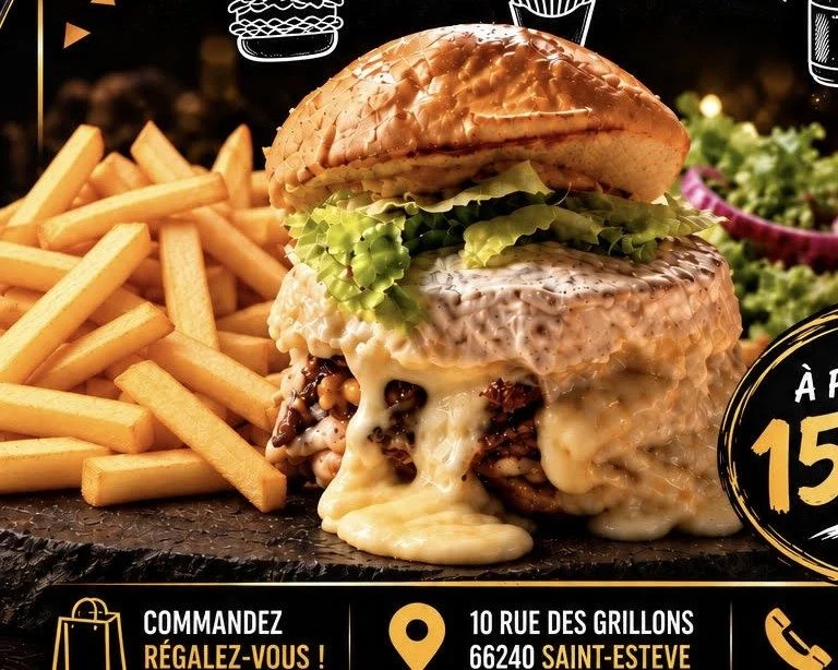 Burger, frites maison et boisson à emporter