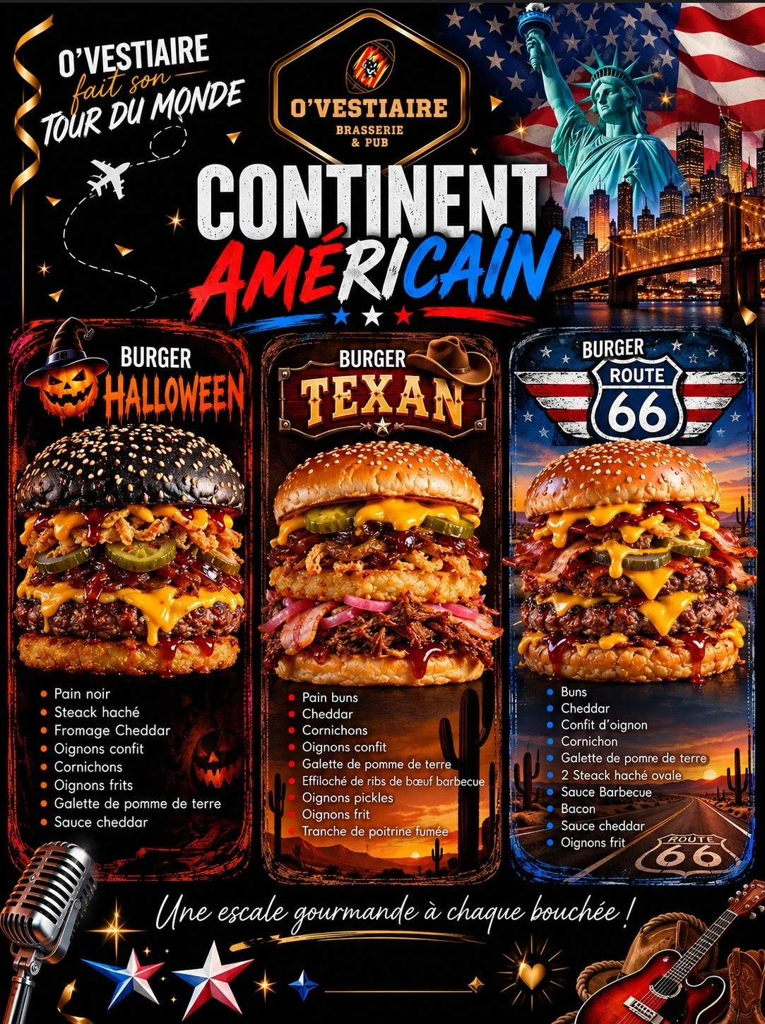 Affiche « O’Vestiaire fait son tour du monde : continent américain », burgers Halloween, Texan et Route 66