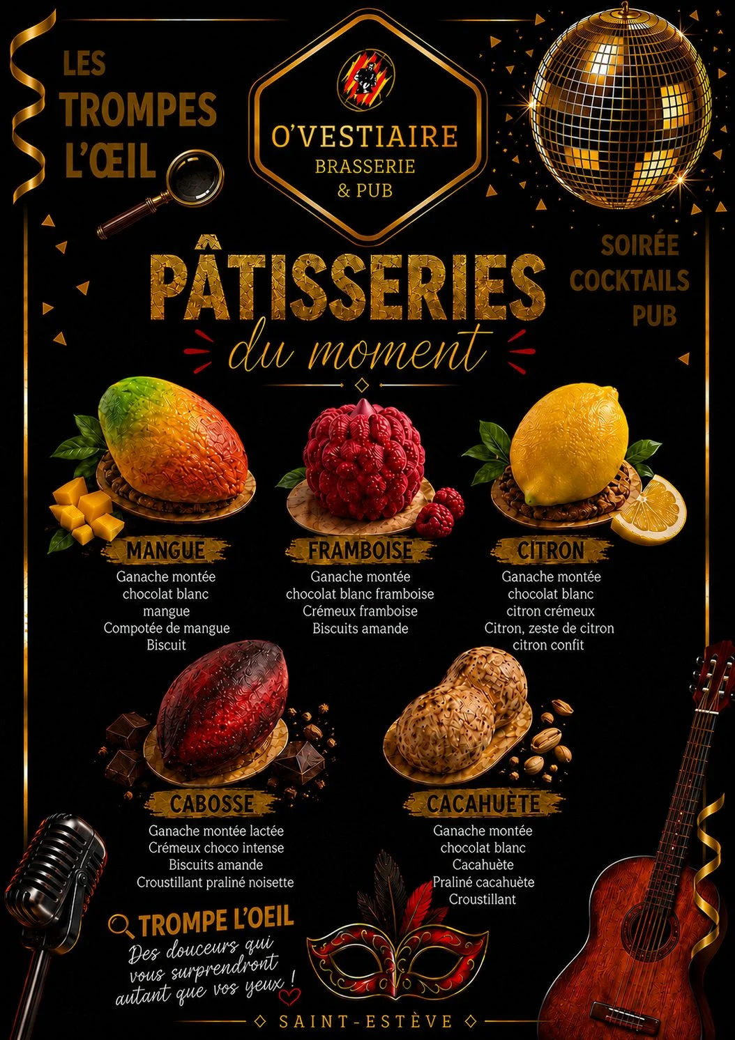 Affiche « Pâtisseries du moment » : trompe-l’œil mangue, framboise, citron, cabosse, cacahuète