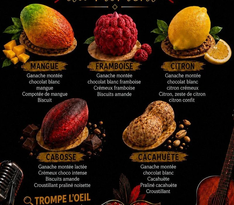 Les pâtisseries trompe-l’œil : mangue, framboise, citron, cabosse, cacahuète